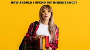 A young adult woman with yellow glasses and books in her hands. "How Should I Spend My Inheritance" text above her head for a blog on Spendthrift Trusts.